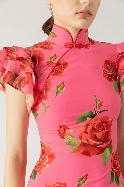 Floral Cheongsam Maxikleid mit eleganten ausgestellten Ärmeln