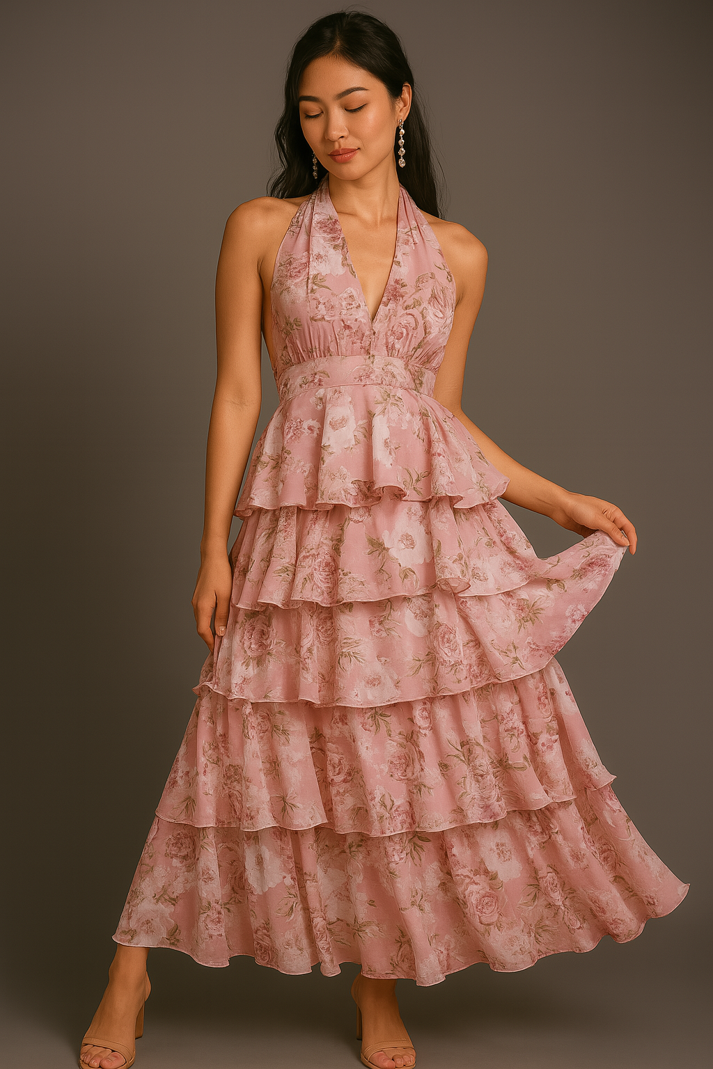 Maxikleid mit Blumenmuster, Neckholder, Stufen und Volants, Taillendetail