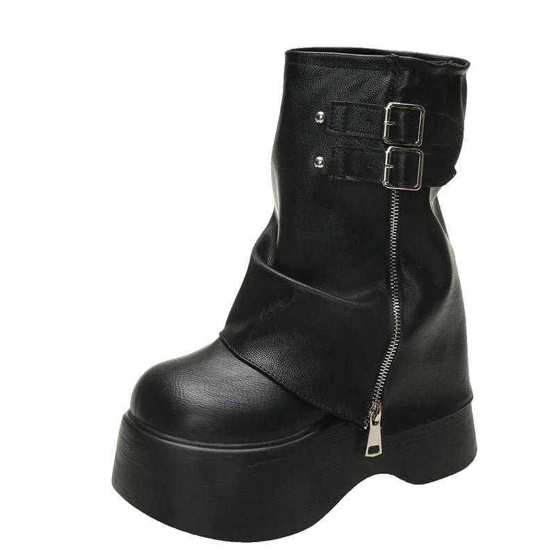 Gothic Plateau-Stiefel mit Schnalle, mittelhoch, Reißverschluss