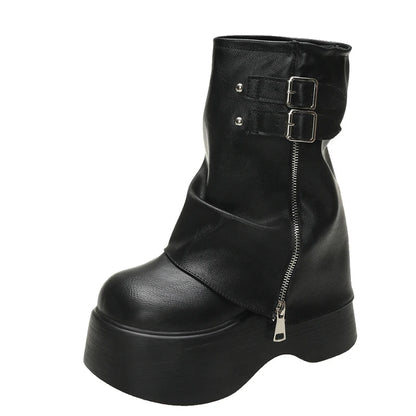 Gothic Plateau-Stiefel mit Schnalle, mittelhoch, Reißverschluss