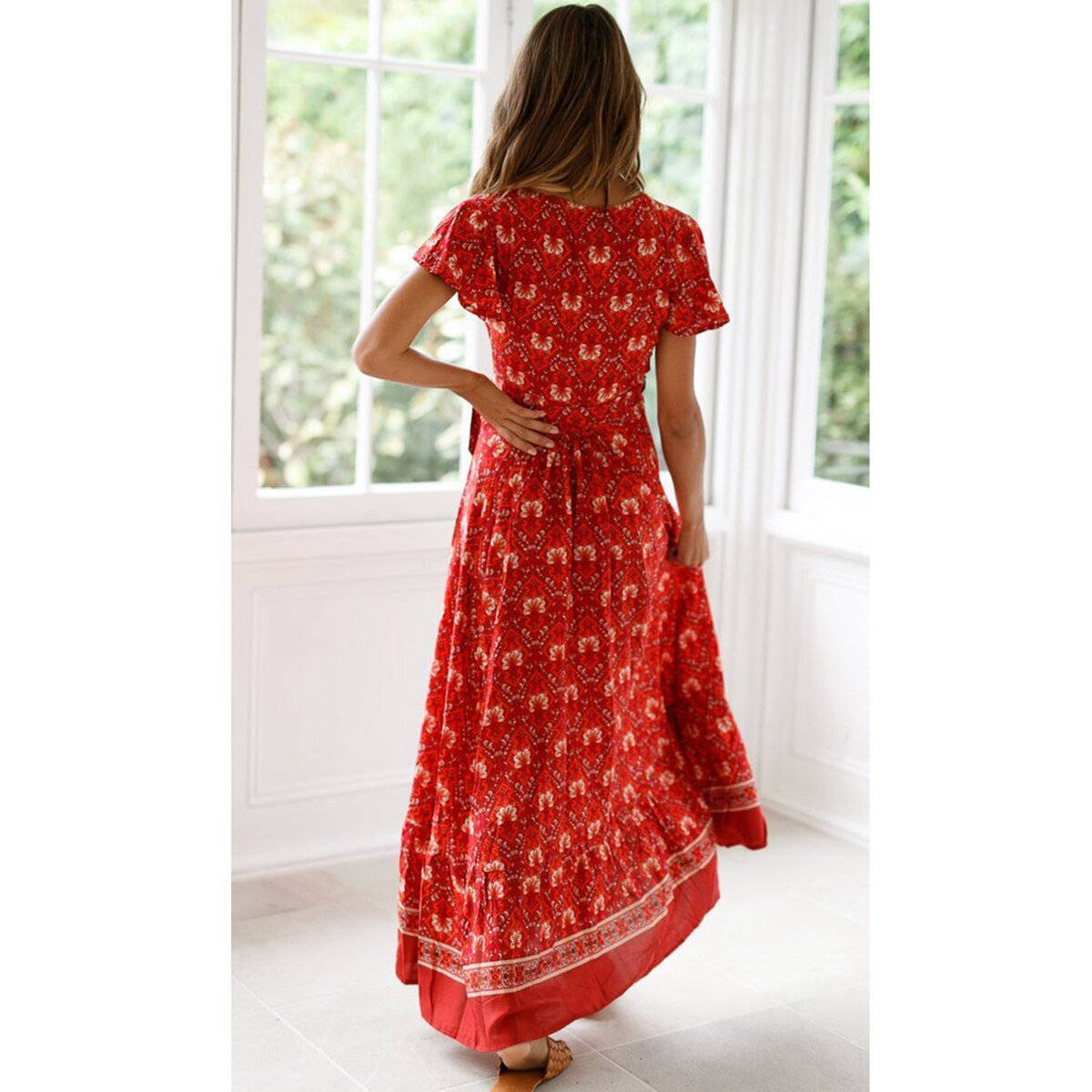 Rotes Boho Wickelkleid mit Herzmuster und Schlitzdesign