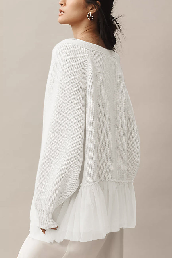 Mesh-Rüschen-Strickcardigan mit langen Ärmeln
