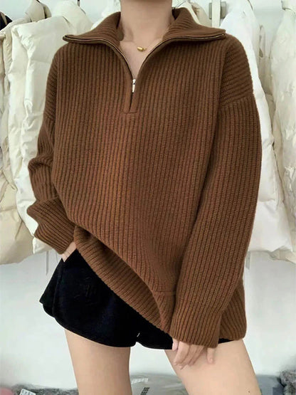 Gemütlicher Grobstrick-Pullover mit Reißverschlusskragen für lässige Wärme