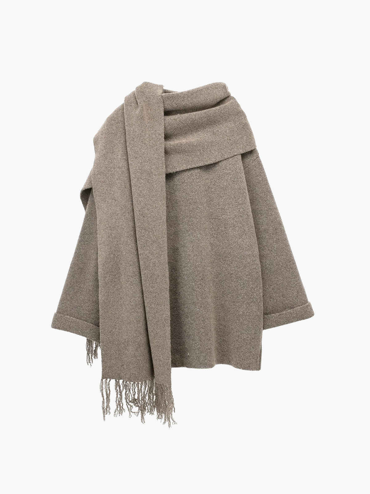 Moderner Mantel mit durchgehender Knopfleiste und passendem Quasten-Schal-Set