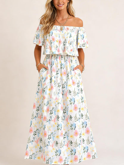 Damen Blumiges Schulterfreies Sommer-Maxikleid