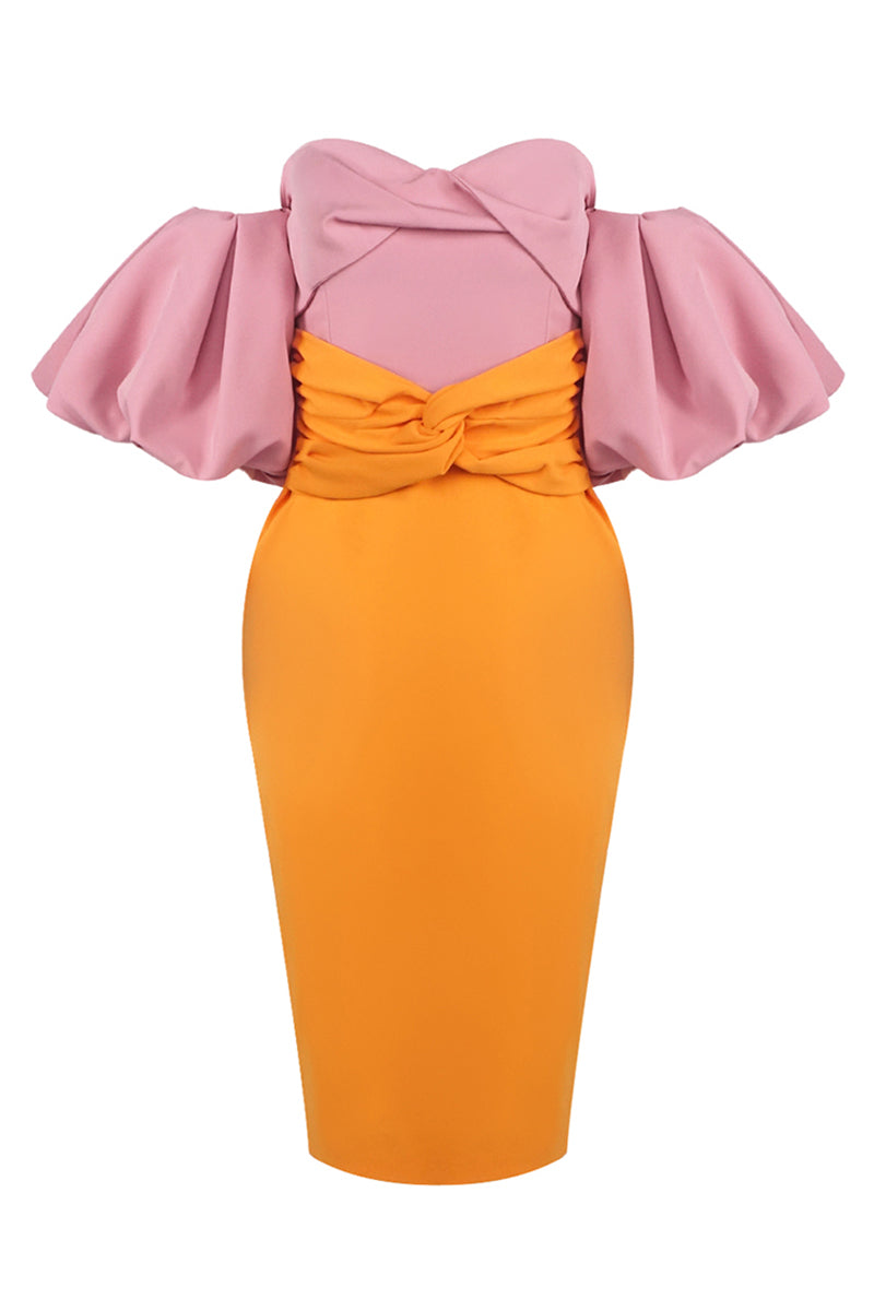 Midi-Kleid mit farbigen Puffärmeln