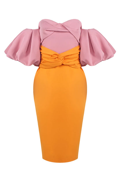 Midi-Kleid mit farbigen Puffärmeln