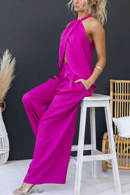 Leinenmischung Oberteil mit Schlitz vorne und weite Hose Set