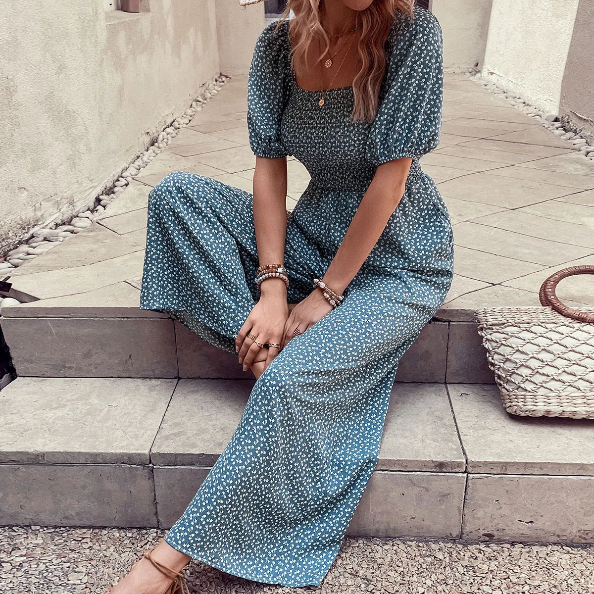 Damen Jumpsuit mit bedrucktem Karree-Ausschnitt und Puffärmeln
