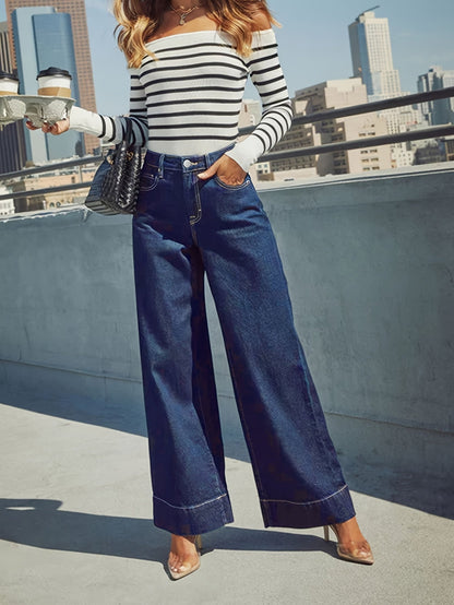 Hochtaillierte, weit geschnittene Stretch-Jeans mit Umschlag am Saum