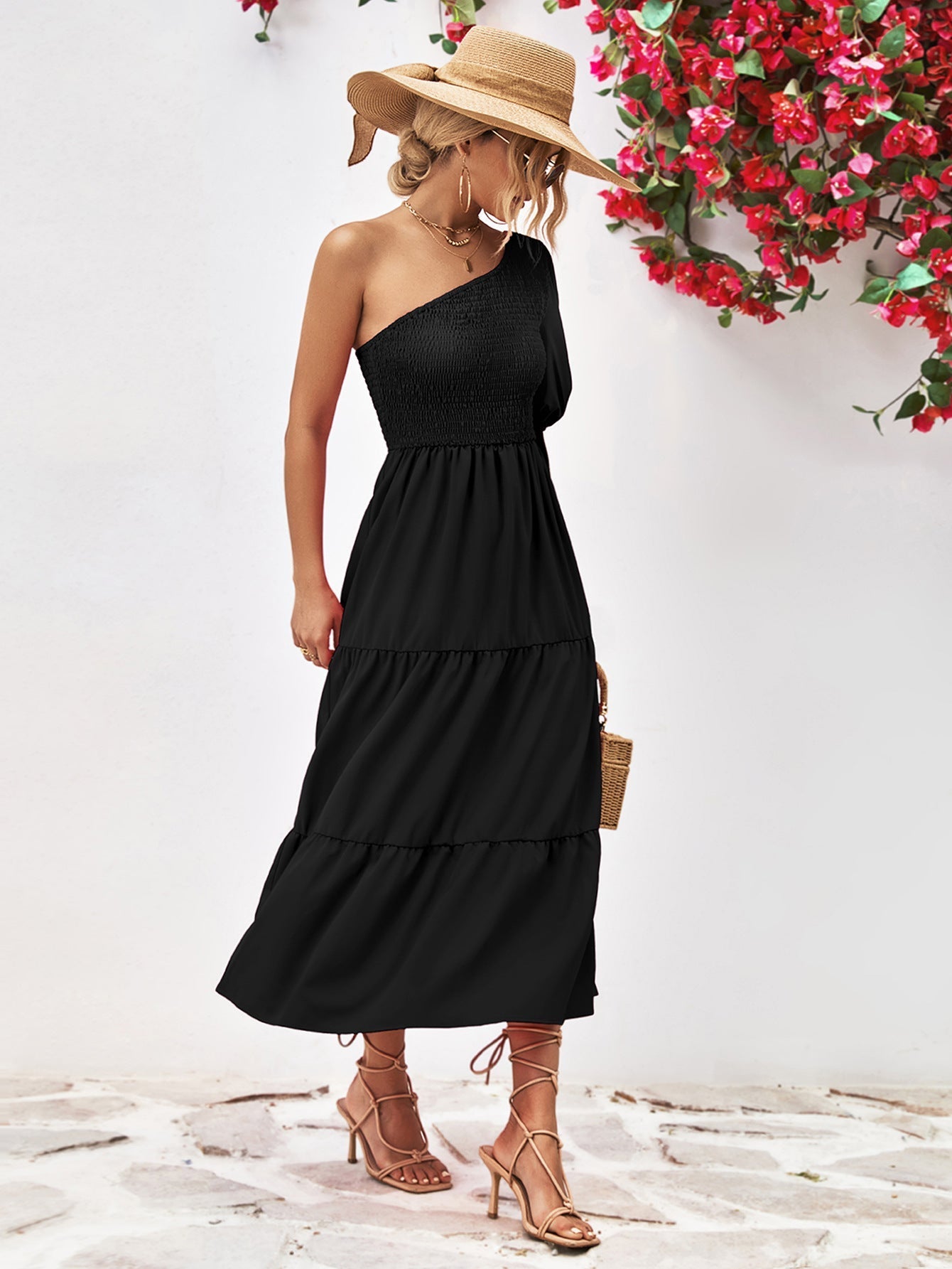 Oli® | Gerüschtes Midi-Kleid mit einer Schulter und Rüschendetail