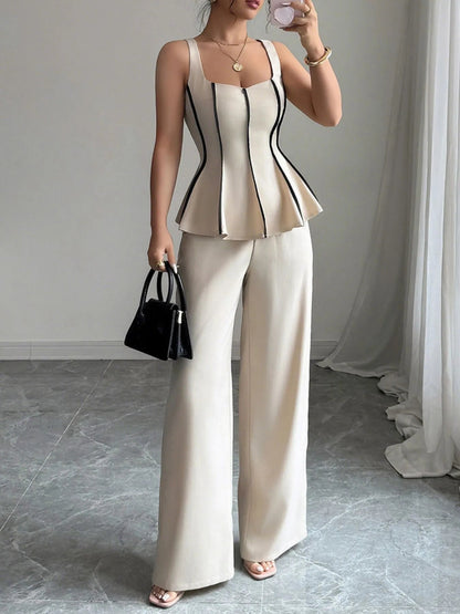 Set aus kurzem Top mit Kontrastpaspel und weitem Hosenbein