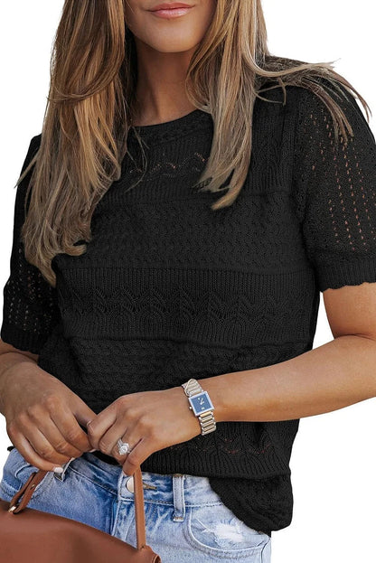 Leichtes Häkel-Strickshirt mit kurzen Ärmeln