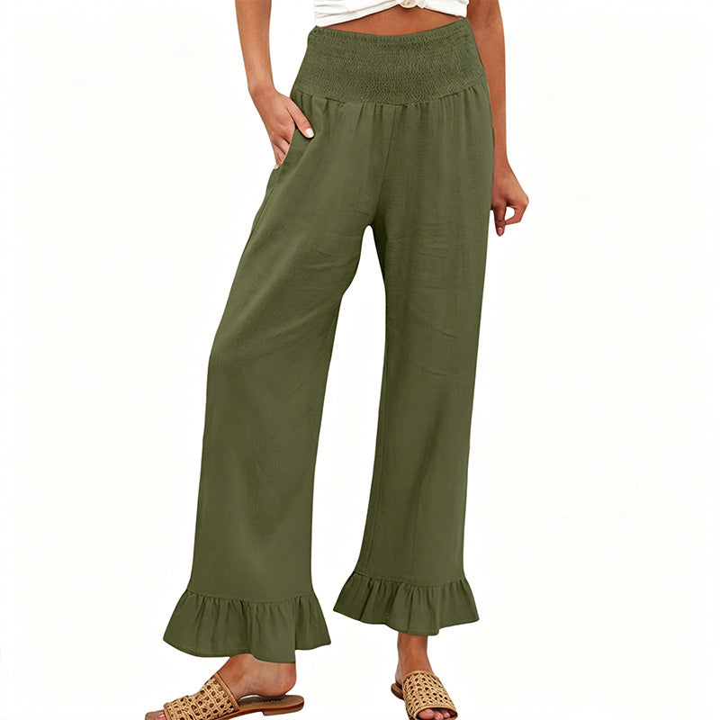 Boho Hosen mit weitem Bein und Rüschen am Saum