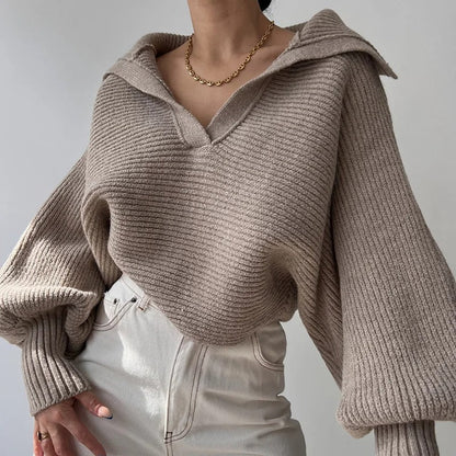Gemütlicher Strickpullover mit Laternenärmeln und offenem Kragen