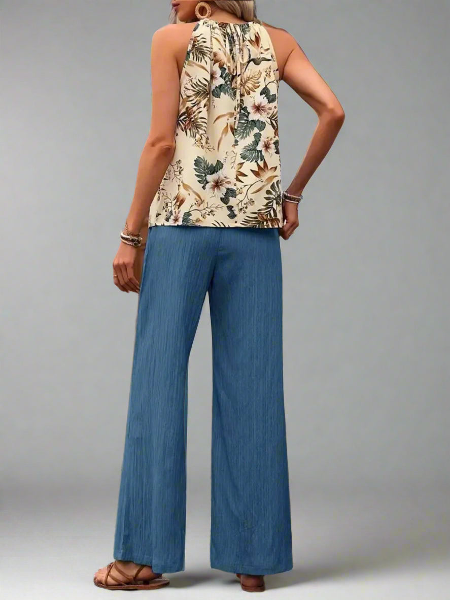 Damen bedrucktes Tanktop und Hose mit weitem Bein Set