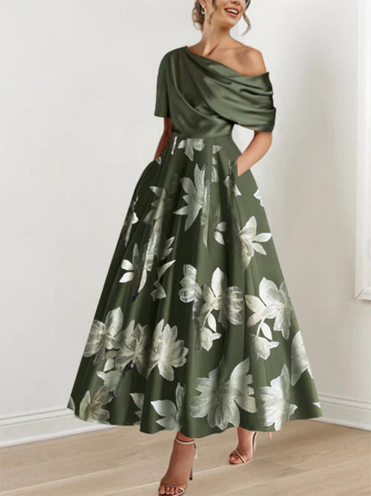 Ein-Schulter Bedrucktes Blumen A-Linien Kleid für die Mutter der Braut