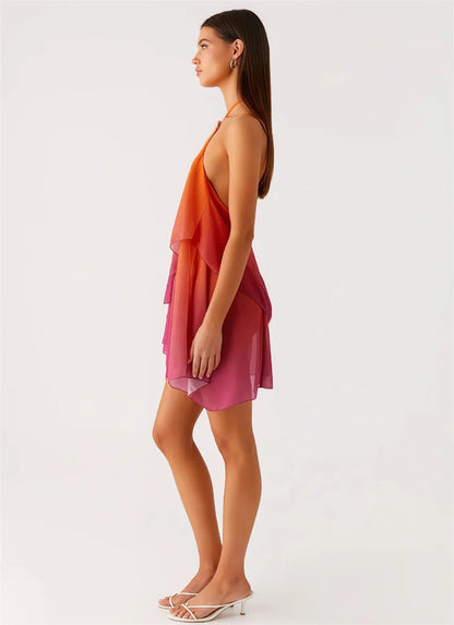 Rosa Farbverlauf Mini Kleid mit Rüschensaum