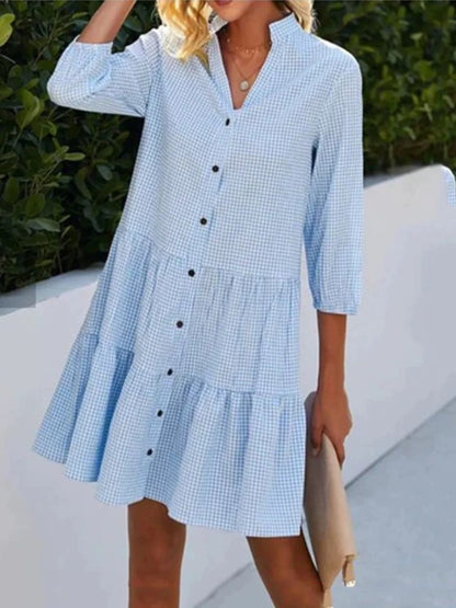Marga® | Lockeres blaues Vichykaro-Sommerkleid mit Knopfleiste