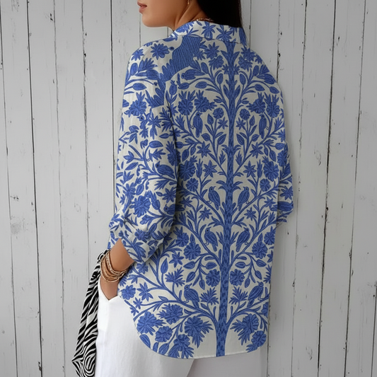 Bluse für Damen mit blauem Gartenmuster
