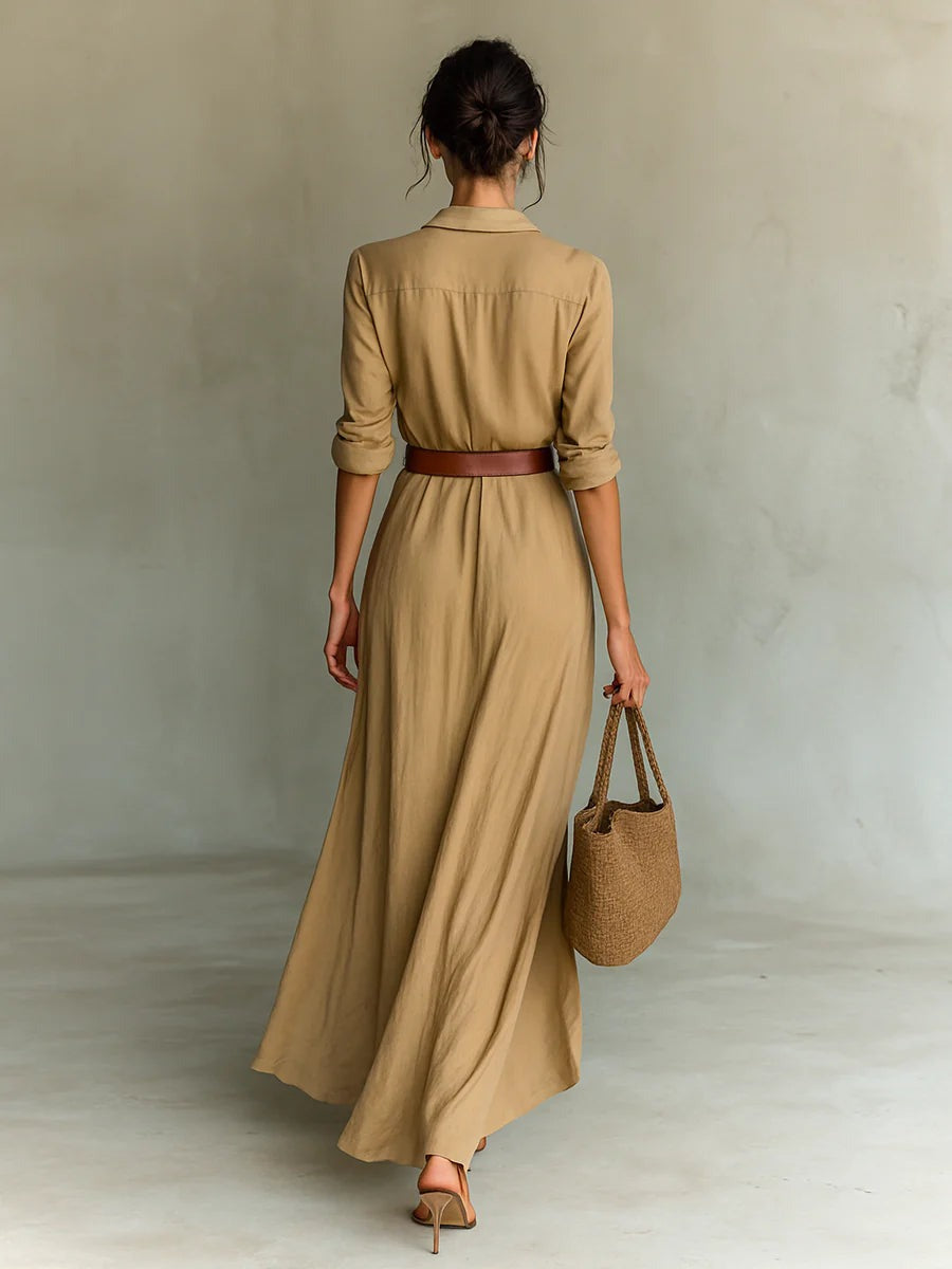 Elegantes, langärmliges, tailliertes Maxikleid mit Reverskragen