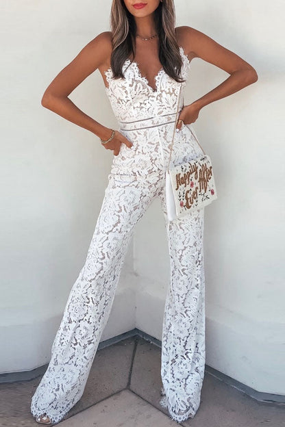 Solider Patchwork Rückenfreier Jumpsuit mit V-Ausschnitt und geradem Schnitt