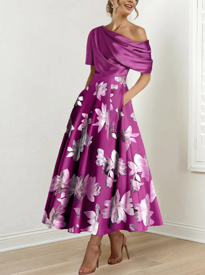 Ein-Schulter Bedrucktes Blumen A-Linien Kleid für die Mutter der Braut