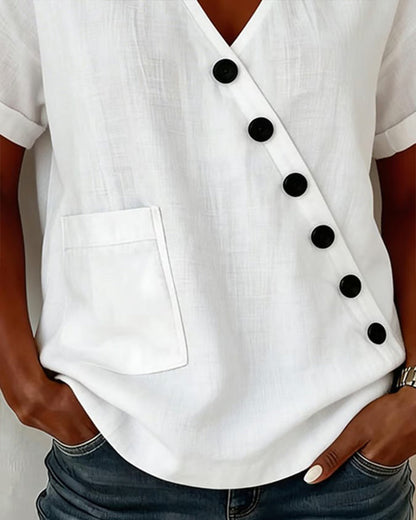 Baumwollbluse mit V-Ausschnitt und diagonaler Knopfleiste