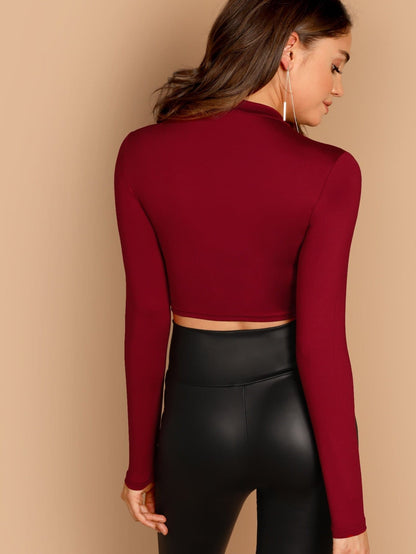 Damen Slim Fit Stehkragen Langarm Crop Top