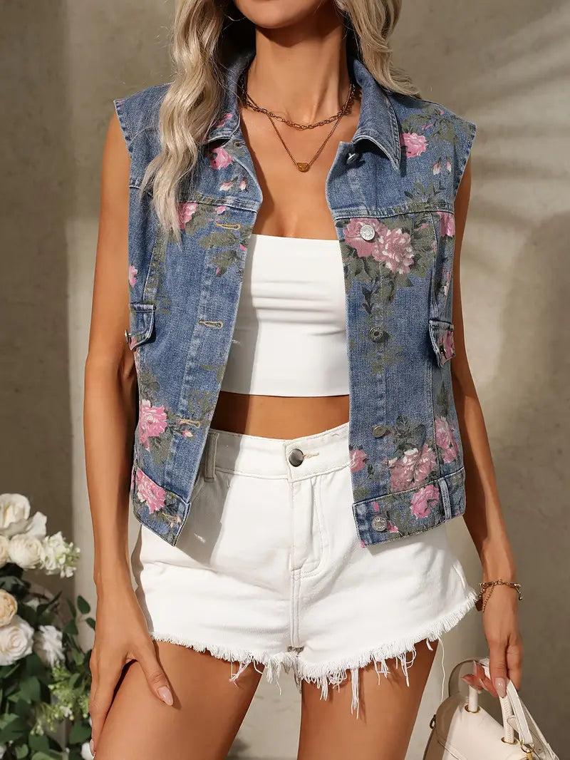 Ärmellose Damen-Jeansweste mit Blumenmuster im Vintage-Sommerstil