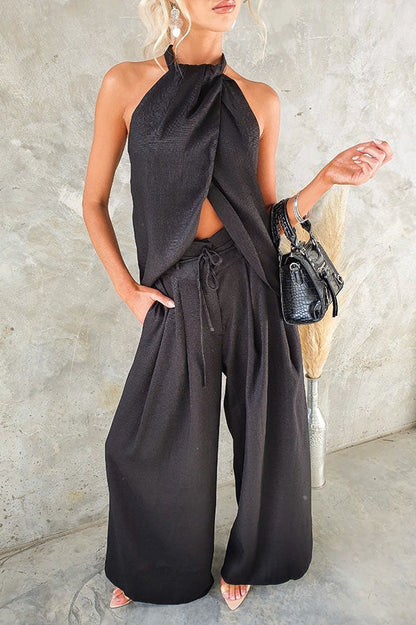 Leinenmischung Oberteil mit Schlitz vorne und weite Hose Set