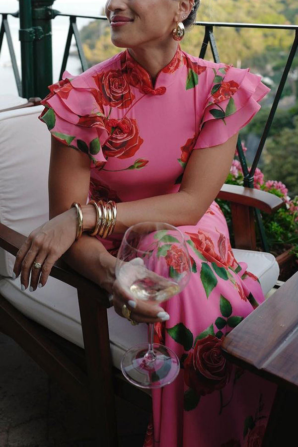 Floral Cheongsam Maxikleid mit eleganten ausgestellten Ärmeln