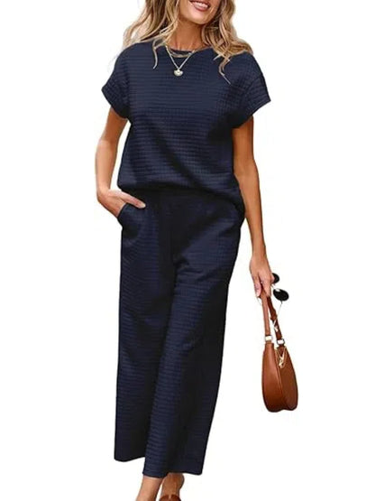 Strukturierter zweiteiliger Lounge-Set mit weitem Bein-Hose