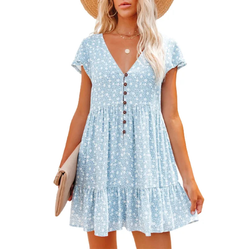 Damen Sommer Blumen V-Ausschnitt A-Linien Minikleid