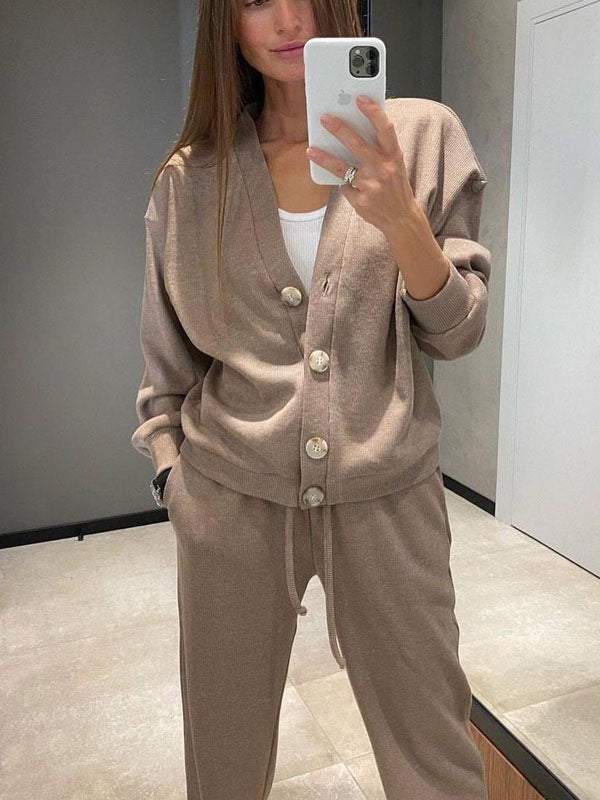 Gemütliches legeres V-Ausschnitt Pullover- und Hosen-Set