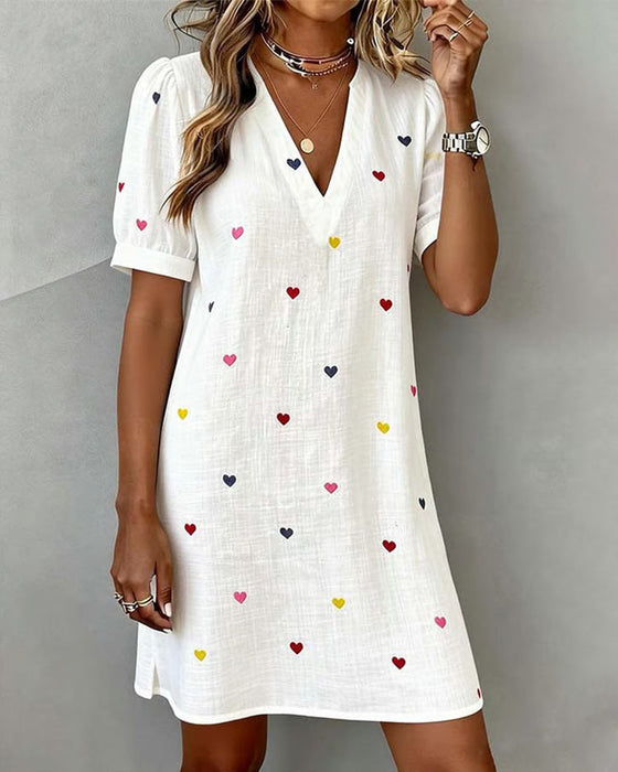 Buntes Herzmuster V-Ausschnitt Kleid