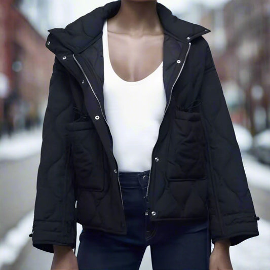 Damen-Baumwolljacke in Hüftlänge mit Stehkragen und Kordelzug