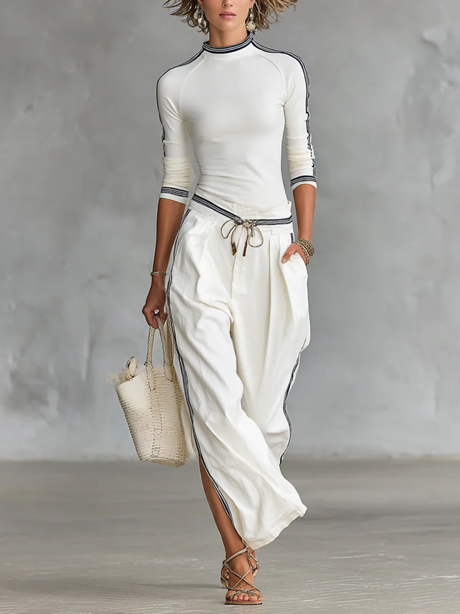 Damen Set aus gemütlichem Stretch-Strickoberteil und Leinen-Baumwollhose