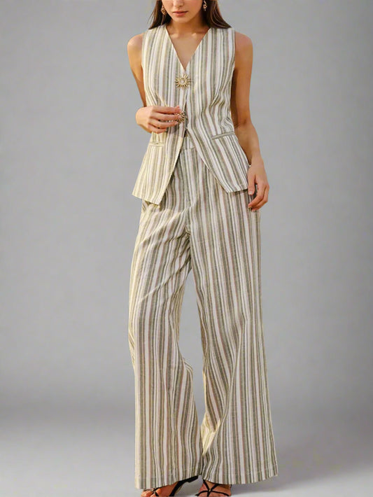 Gestreiftes ärmelloses Top mit V-Ausschnitt und Hose Zweiteiliges Set