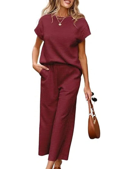 Strukturierter zweiteiliger Lounge-Set mit weitem Bein-Hose