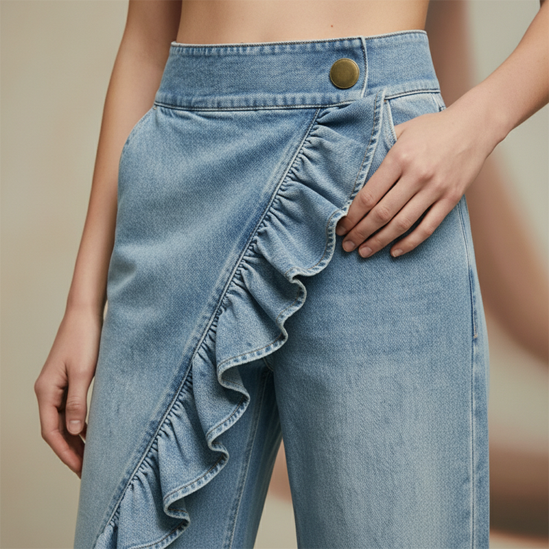 Asymmetrische Jeans mit weitem Bein und Volant