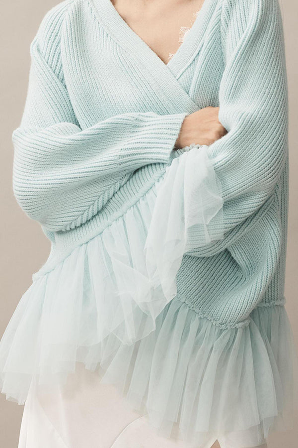Mesh-Rüschen-Strickcardigan mit langen Ärmeln