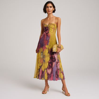 Maxikleid mit Blumenmuster, Herzausschnitt und Plisseefalten