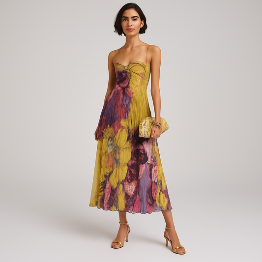 Maxikleid mit Blumenmuster, Herzausschnitt und Plisseefalten