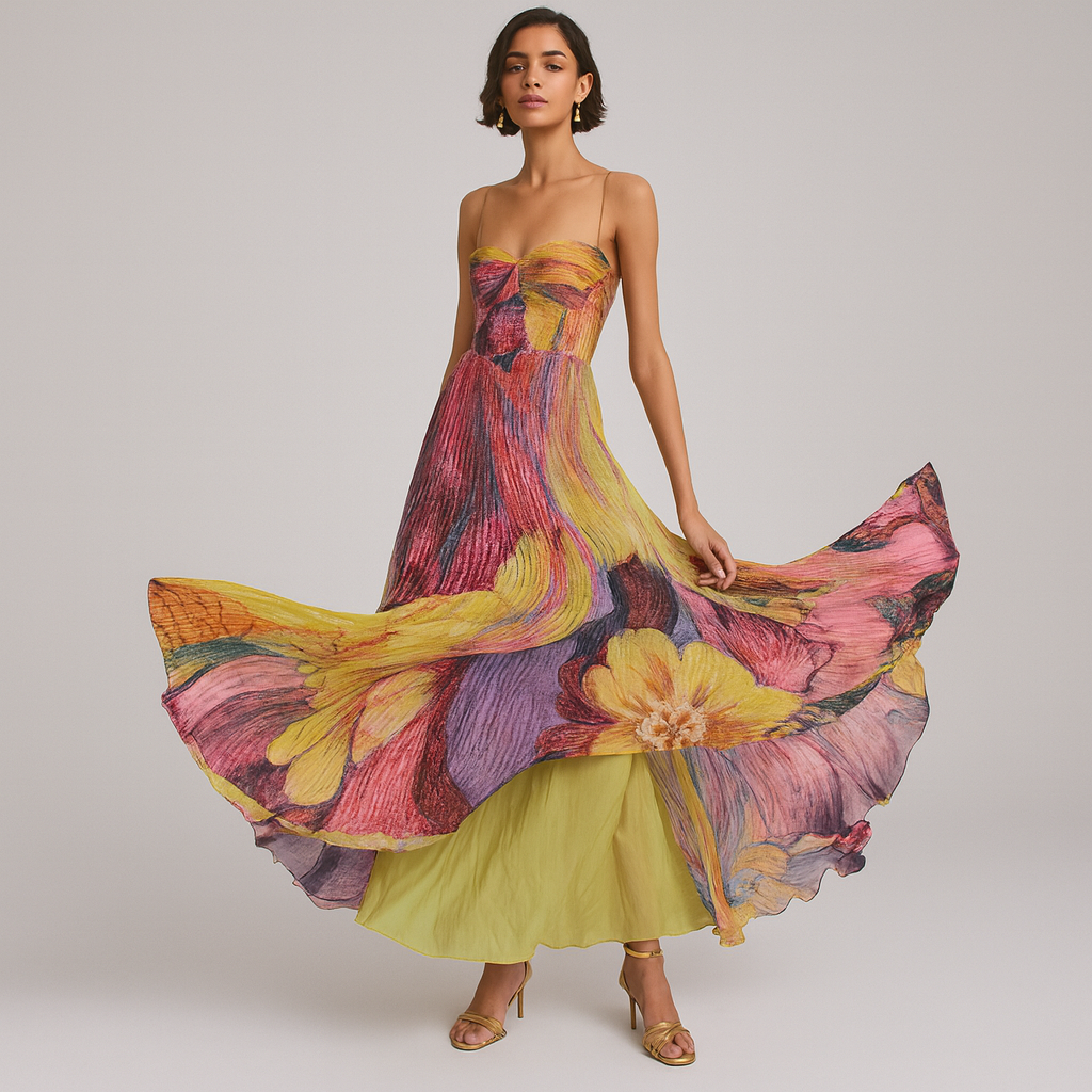 Maxikleid mit Blumenmuster, Herzausschnitt und Plisseefalten