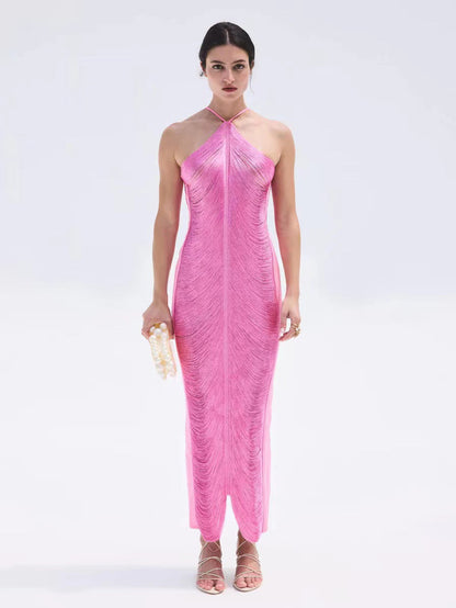 Elegantes langes Damenkleid mit raffiniertem Schlitz und Kragen