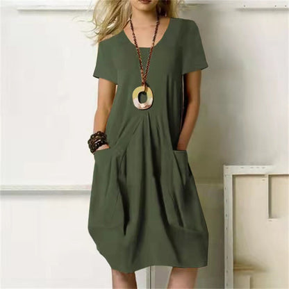 Riva Lefèvre® | Schlichtes Kleid in einer Farbe mit lockeren Rundhalsausschnitt und kurzen Ärmeln