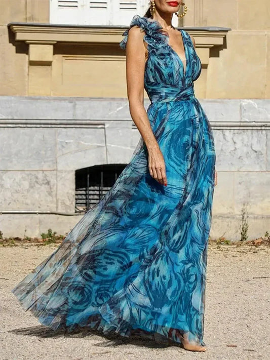 Fleur Rousse® | Boheme Resort Stil Pfauenblau Maxikleid