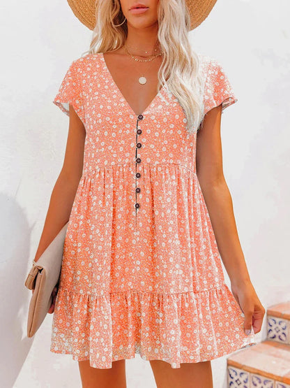 Damen Sommer Blumen V-Ausschnitt A-Linien Minikleid