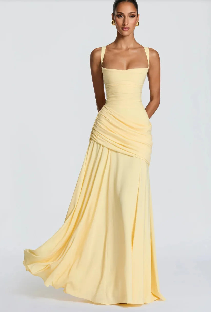 Gelbes gerafftes Maxikleid mit Drapierung